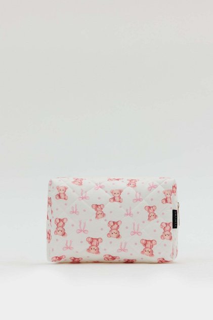 D34 Zippered Cosmetic Organizer with Cute Teddy Bear Figure, Women's Travel Type Makeup Bag