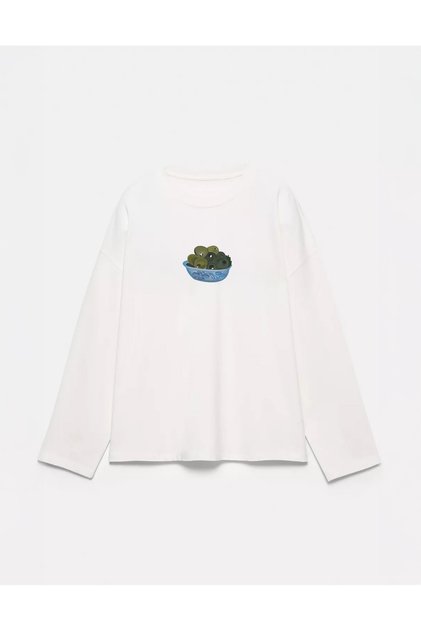 100% Cotton Oversize Fit Olive Printed - Crew Neck Long Sleeve T-Shirt