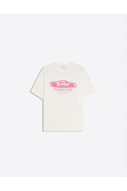 Pink Porsche Printed Crew Neck Oversize Trendy Women's T-Shirt