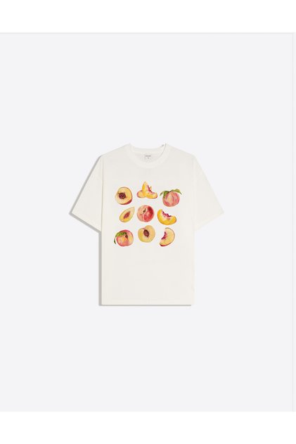 Tricou de damă Basic Trend cu imprimeu piersică și guler tip bicicletă