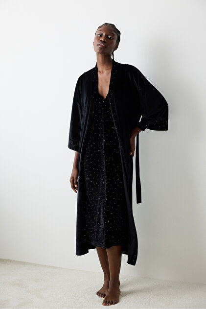knee length dresses for ladies Pen-ky Black Crushed Velvet Morning Robe Wrap main image 1