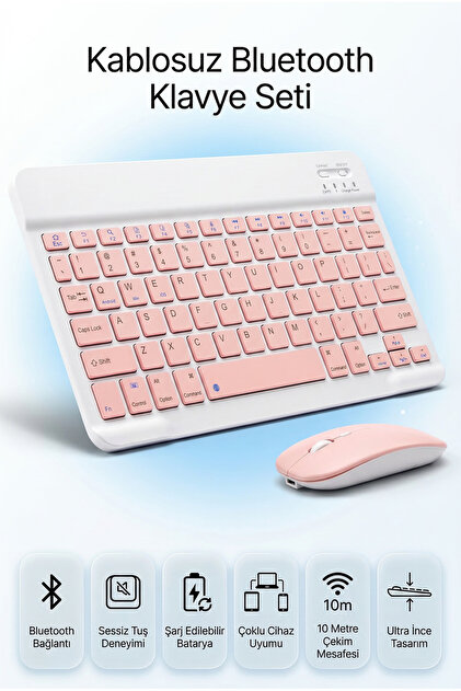 Kablosuz Klavye Mouse Seti Telefon Tablet ve PC Uyumlu Wireless Sessiz Slim Tasarım- Pembe