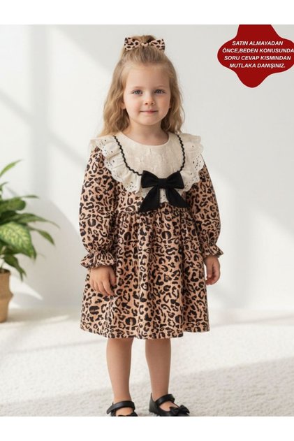 Julia Leopard Lace Patterned Long Sleeve Skirted Holiday Dress for Girls