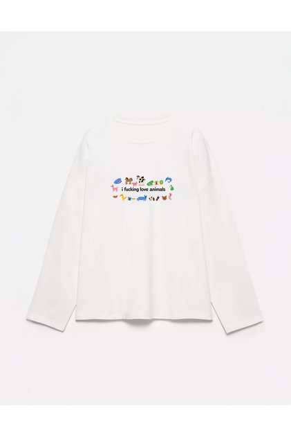 100% Cotton Oversize Fit I F*Cking Love Animals Printed - Crew Neck Long Sleeve T-Shirt