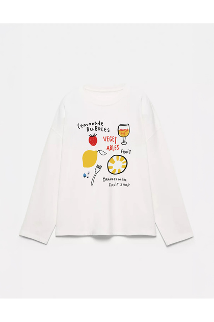 100% Cotton Oversize Fit Orange Pie Printed - Crew Neck Long Sleeve T-Shirt