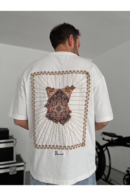 BYBASICMAN Beyaz Sırt Örgü Çerçeveli Oversize T-Shirt SW-5063
