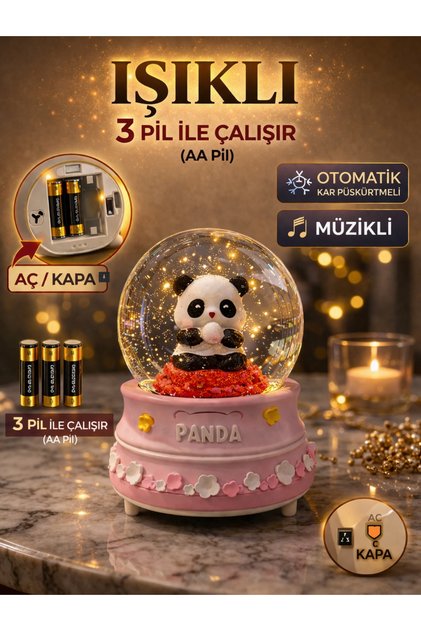 Işıklı Müzikli Otomatik Kar Püskürtmeli Panda Kar Küresi – Büyük Boy 16 cm