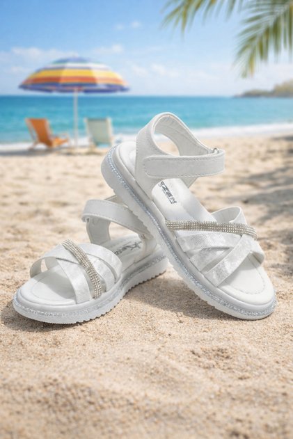 Girl's Cross-Strapped Stoned Sandals – Velcro Orthopedic Non-Slip Sole Summer Comfortable Daily Shoes