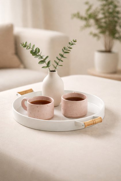 Round Serving Tray with Wooden Handle | Presentation Tray