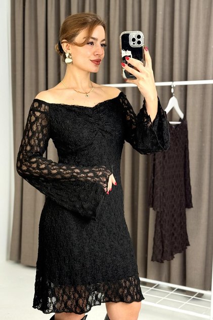 Women's Lined wide collar Lace fabric dress brown