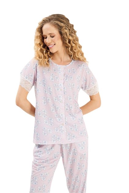 Round Neck Lace Detail Women's Pajamas Set