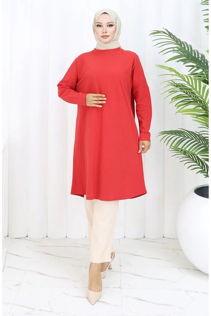 Relaxed Fit Cotton Plain Tunic 8757-01 Red