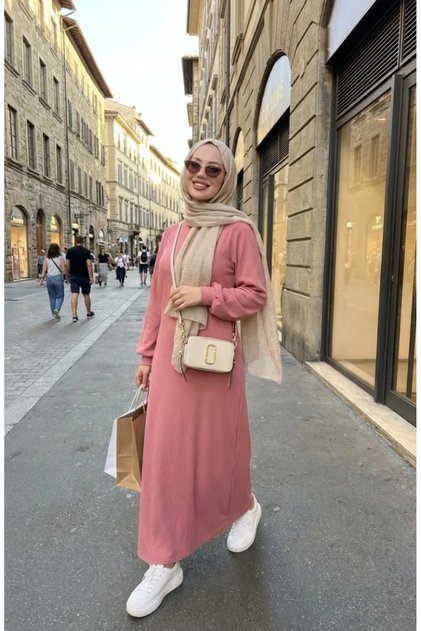 Ruched Detail Pleated Hijab Dress 2187-01 Powder