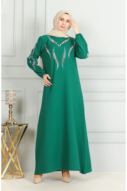 Jewelled Evening Dress with Elastic Sleeves 0497-01 Emerald Green