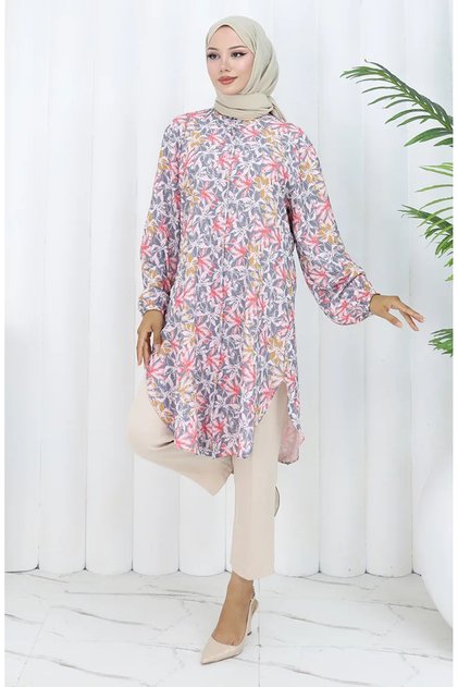 Large size floral patterned tunic 3024-01 gray