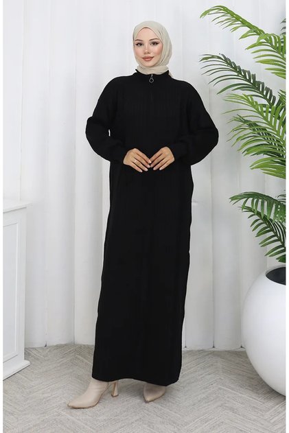 Knitwear Corded Fabric zipper detailed dress 0005-05 black
