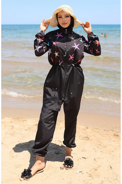Elastic waist star patterned zippered hijab swimsuit with gift bone 9005b-01 black purple