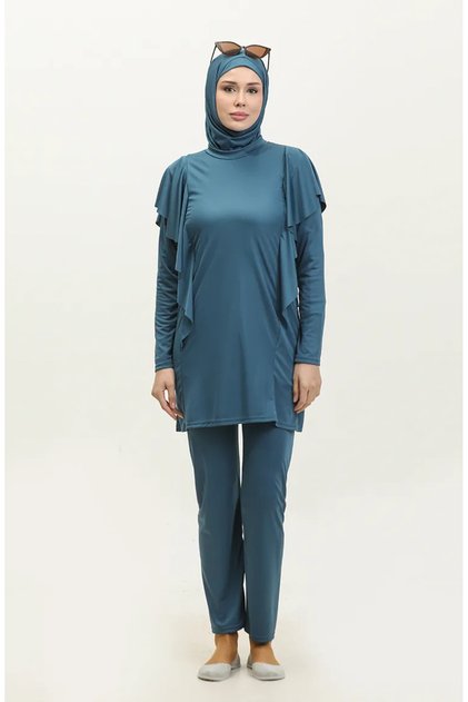 Ruffle Detailed 4-Piece Full Covered Hijab Swimsuit 2225A-05 Petrol