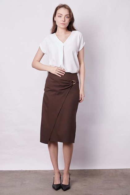 Women's Silky Crepe Fabric V-Neck Front Pleated Off-Shoulder Double Sleeve Blouse-Cream