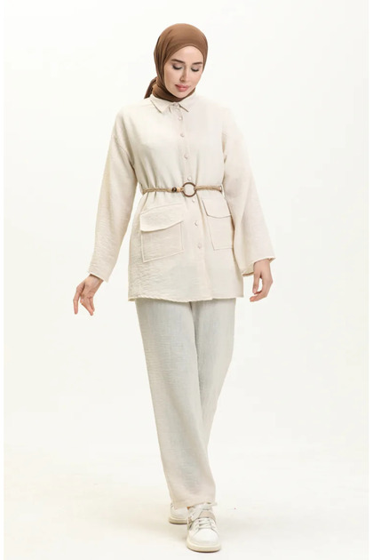 Belt Detailed Tunic Trousers Double Set 70030-02 Beige