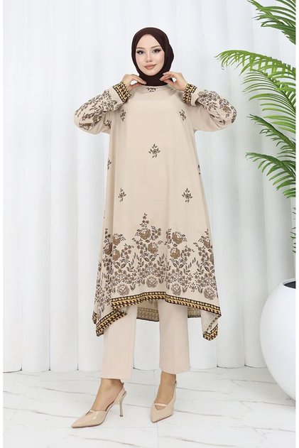 Viscose Fabric Floral Patterned Tunic 1004-04 Mink