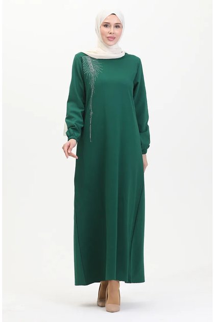 Stone-Embellished Crepe Evening Dress 0480-04 Emerald Green