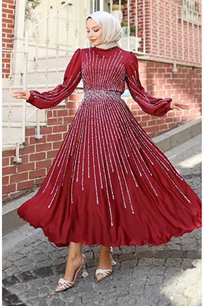 sefamerve evening dress sefamerve Stone Satin Evening Dress 5802-03 Burgundy- Trendyol