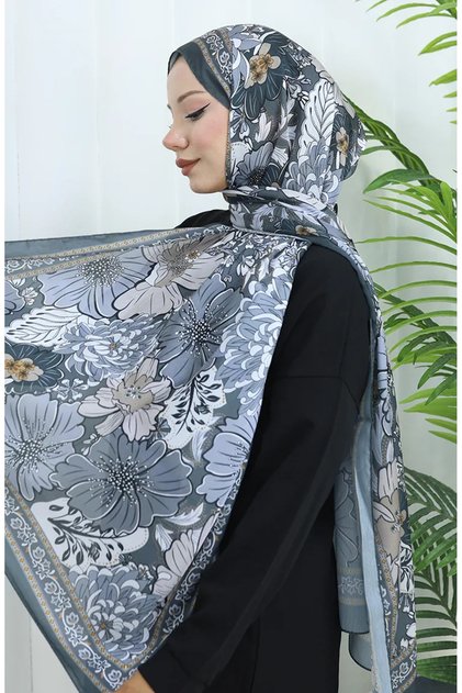 شال شانزليزي منقوش بالزهور 70319-15 أنثراسيت سموكد