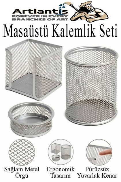 Masaüstü Fileli Kalemlik Seti 3 Parça 1 Paket 3 lü Masa Üstü Düzenleyici Kalemlik Küp Notluk Ataşlık