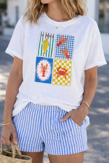 Sea Theme Graphic Printed Unisex Oversized T-Shirt - Fish and Seafood Patterned Casual Tee Shirt