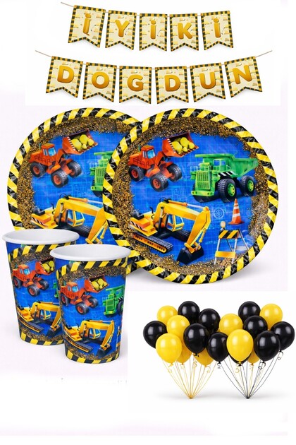 Construction Themed Set of 20 Yellow and Black Balloons with Plates and Cups for Party & Birthday Decoration