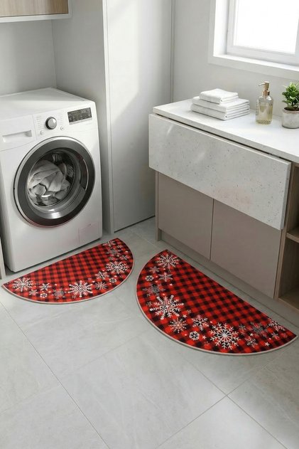 Patterned Bathroom and Door Mat Set with Dot Base | Half Moon Modern 80cm Diameter 2-Piece Mat Set