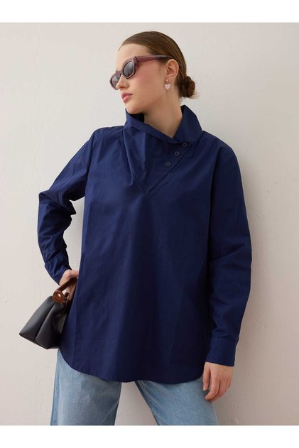 Yaka Detaylı Poplin Tunik - Lacivert - - Exclusive