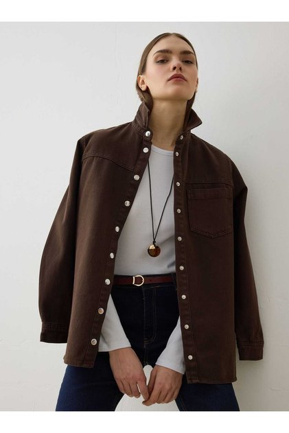 Denim Jacket with Pocket Detail - Brown -