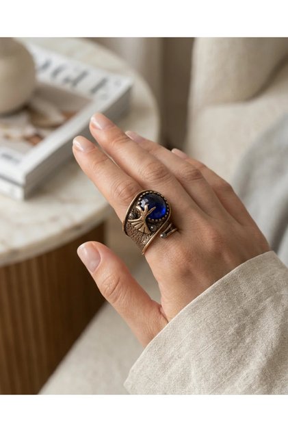 Bronze Women's Ring Antique Jewelry Navy Blue Crystal Stone Mevlevi Model Adjustable Vintage Ring