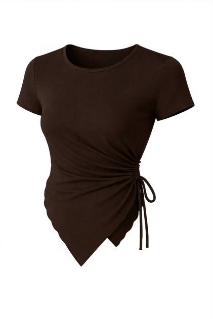 Brown Round Neck Drape Detailed Short Sleeve Hijab-Friendly Soft Textured Natural Micro Blouse