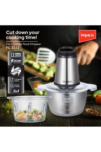 FC 3222 2L 2in1 Food Chopper 350W Double Bowl Glass & SS 4 Blade 2 Speed Overheat Protector
