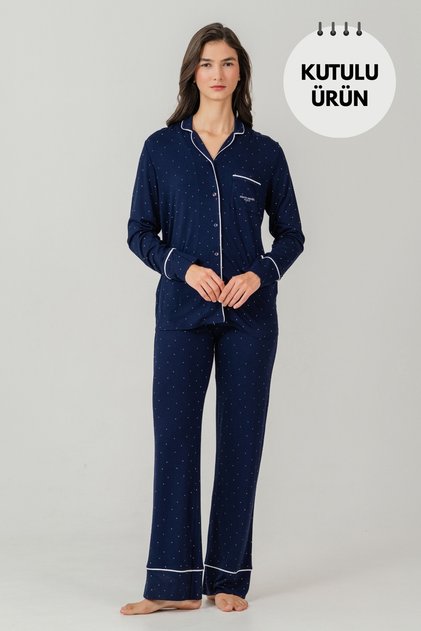Long Sleeve Front Buttoned Women's Pajama Set Polka Dot Navy Blue