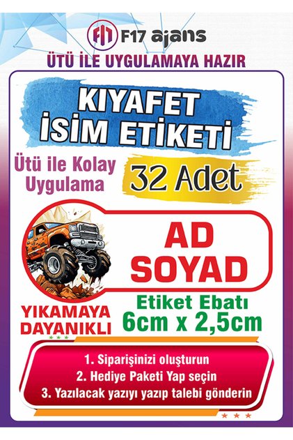 Turuncu Araba Temalı Okul Kıyafet Etiketi İsme Özel Tekstil Baskı