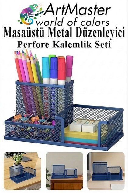 Lacivert Masaüstü Metal Kalemlik Seti 3 lü Kombo 1 Paket Fileli Perfore Renkli Kalemlik Kağıtlık Küp