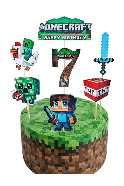 Minecraft Pasta Süsü ve Minecraft Temalı 7 Yaş Doğum Günü Konsepti - Kalın Kağıt Baskısı