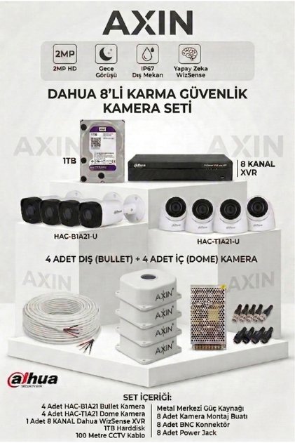 8’li Güvenlik Kamera Seti - (4 Dış + 4 İç Mekan Kamera) - Gece Görüş - Yapay Zeka - 1TB HDD