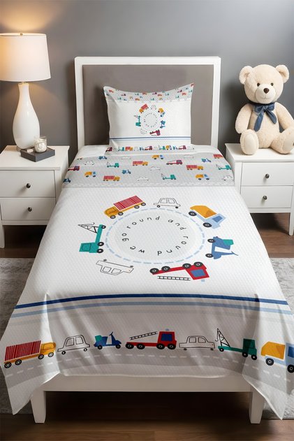 Cheerful Vehicles Crossing Patterned Single Baby Child Pique Set