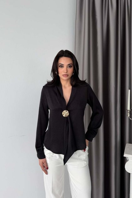Black Shawl Collar Blouse with Buckle Detail
