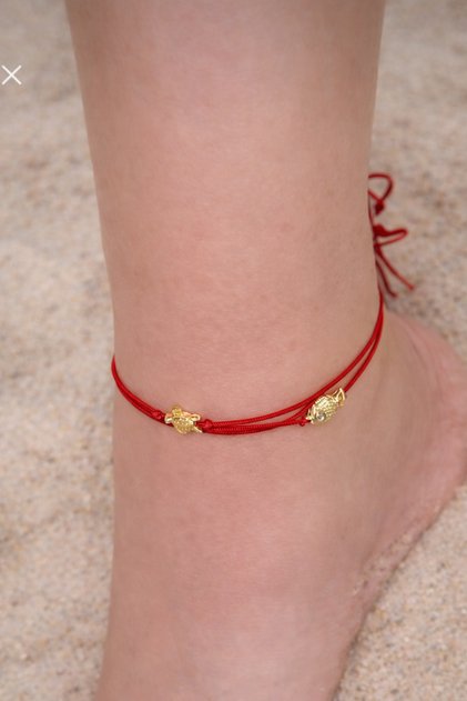 Red String Adjustable Triple Anklet with Gold Figures - Does Not Tarnish