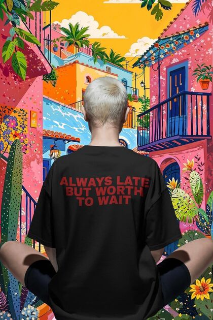 Always Late Written Unisex Oversize 24/1 Cotton T-Shirt - Special Collar Printed