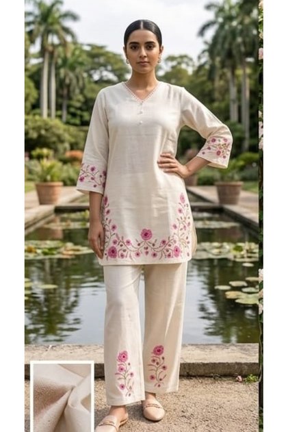 Women’s Cotton Flex Designer Co-Ord Set – Floral Embroidered Pure Cotton Kurta with Palazzos