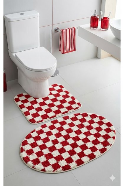 Chess Dama Patterned Latex Non-Slip Base Machine Washable 2-Piece Bohemian Oval Bath Mat 60X100 60X50
