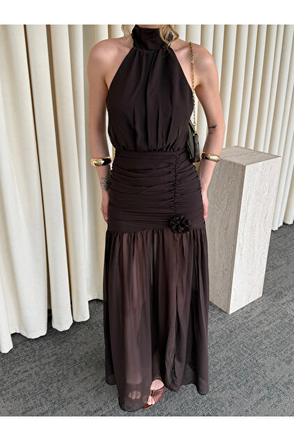 Laluvia Brown Rose Detailed Chiffon Dress - 2485- Trendyol