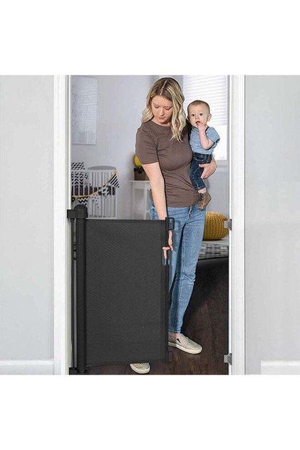 Retractable Baby Gate, Mesh Safety Gate for Babies and Pets, Extra Wide Safety Baby Gate 34" Tall & 59" Wide, Pet Dog Gate for doorways, Stairs, Indoor/Outdoor (1.5M black)